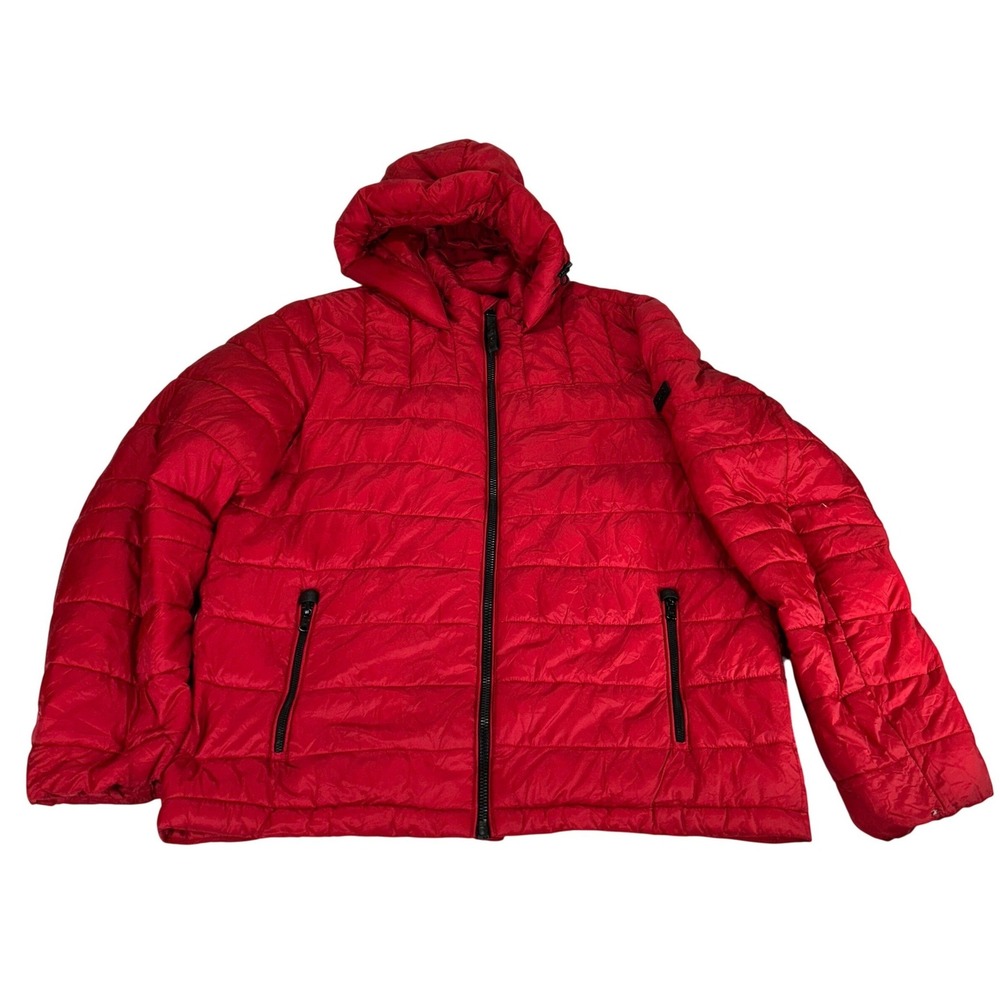 Michael Kors Mens Red MK Travel Engineered Hooded Puffer Jacket Large L Full Zip